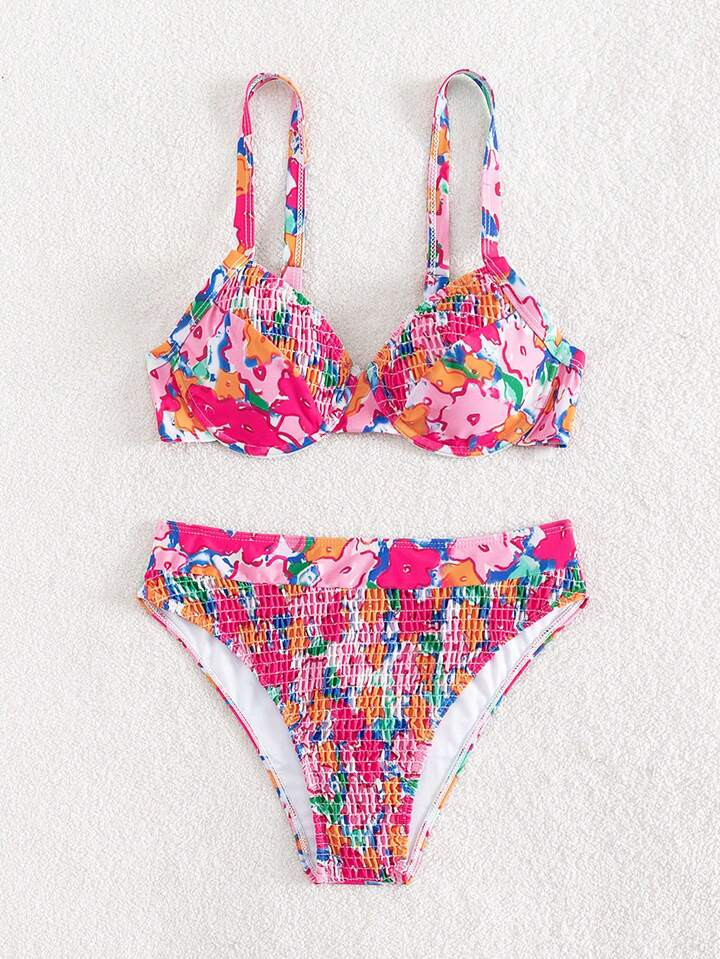 SHEIN Floral Print Smocked Underwire Bikini Swimsuit | SHEIN