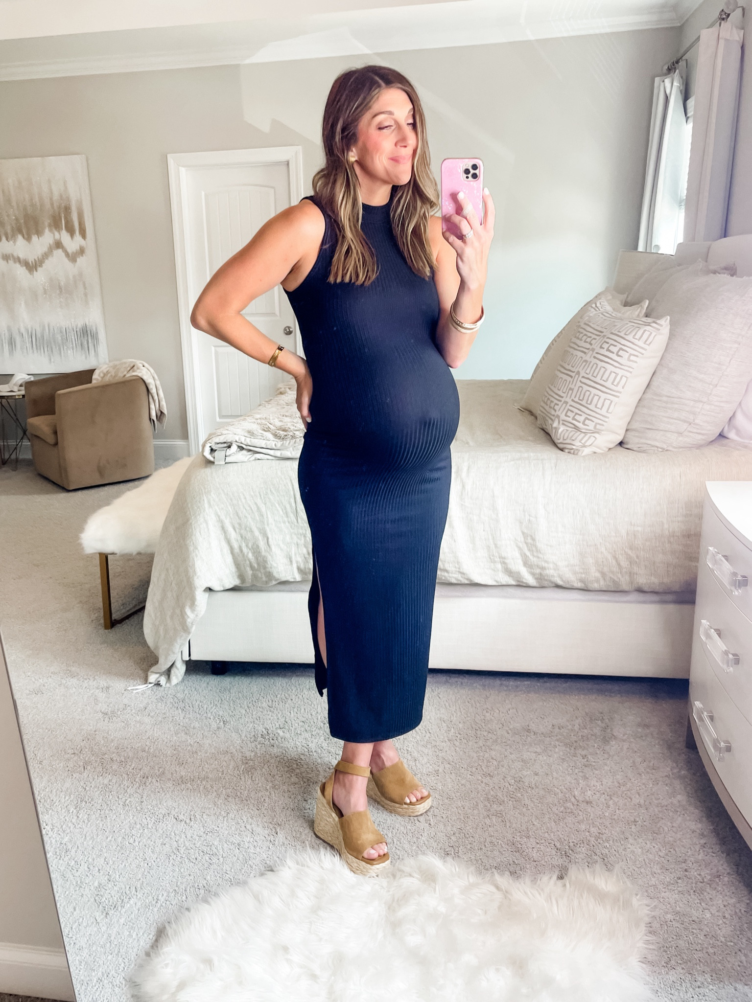 Shop this gorgeous maternity dress & heels on sale below!

Dress is fitted but true to size. I went with a medium. On sale 30% off today with code: SUNDAY!

My heels are also on major sale originally $125 on sale for $54. True to size. Wearing an 8!

Click below to shop!



#LTKBump #LTKStyleTip #LTKSaleAlert