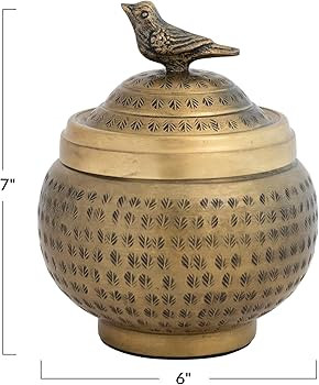 Creative Co-Op, Brass Round Hammered Metal Container with Bird Finial, Finish | Amazon (US)