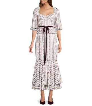 x Nicola Bathie Florence Floral Print Sweetheart Square Neck Short Puff Sleeve Velvet Ribbon Belt... | Dillard's