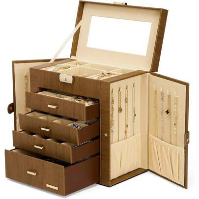 Homde Synthetic Leather Huge Jewelry Box Mirrored Watch Organizer Necklace Ring Earring Storage Lockable Gift Case (White + Gold) | SHEIN