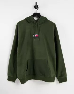 Tommy Jeans badge polar fleece hoodie relaxed fit in green | ASOS (Global)