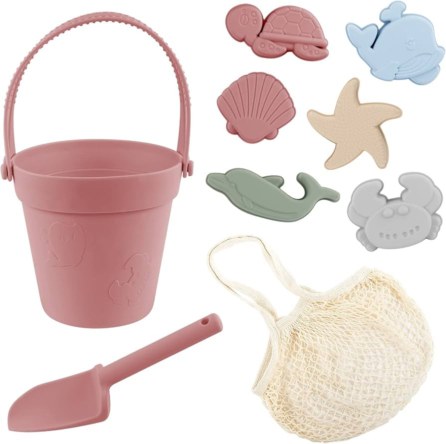 8Pcs Silicone Beach Toys for Baby Girls with Portable Beach Bag - Toddler Beach Set with Sand Toy... | Amazon (US)
