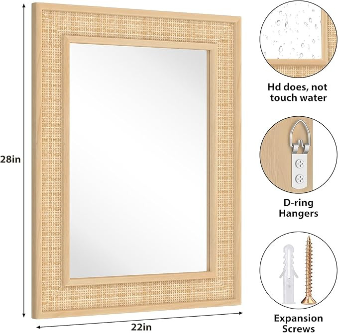 FUWU HOME Rattan Wall Mirror with Wooden Framed 22 X 28 inch Farmhouse Rectangle Wood Mirror for ... | Amazon (US)