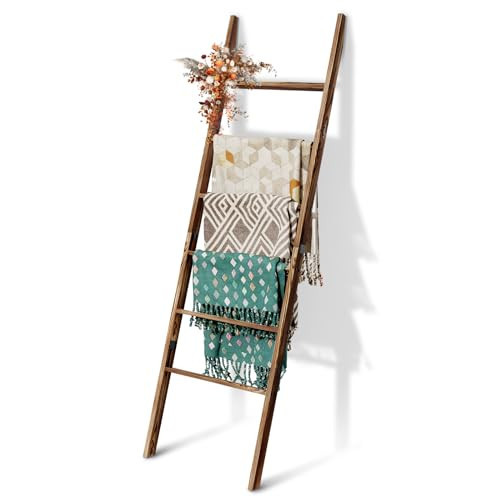 6-Tier Blanket Ladder Wooden, 5.7FT(66.5'') Blanket Quilt Towel Holder Rack Decorative Ladder, Easy Assembly, Rustic Farmhouse Ladder Shelf for The Living Room Bedroom Bathroom Home Decor, Brown | Amazon (US)