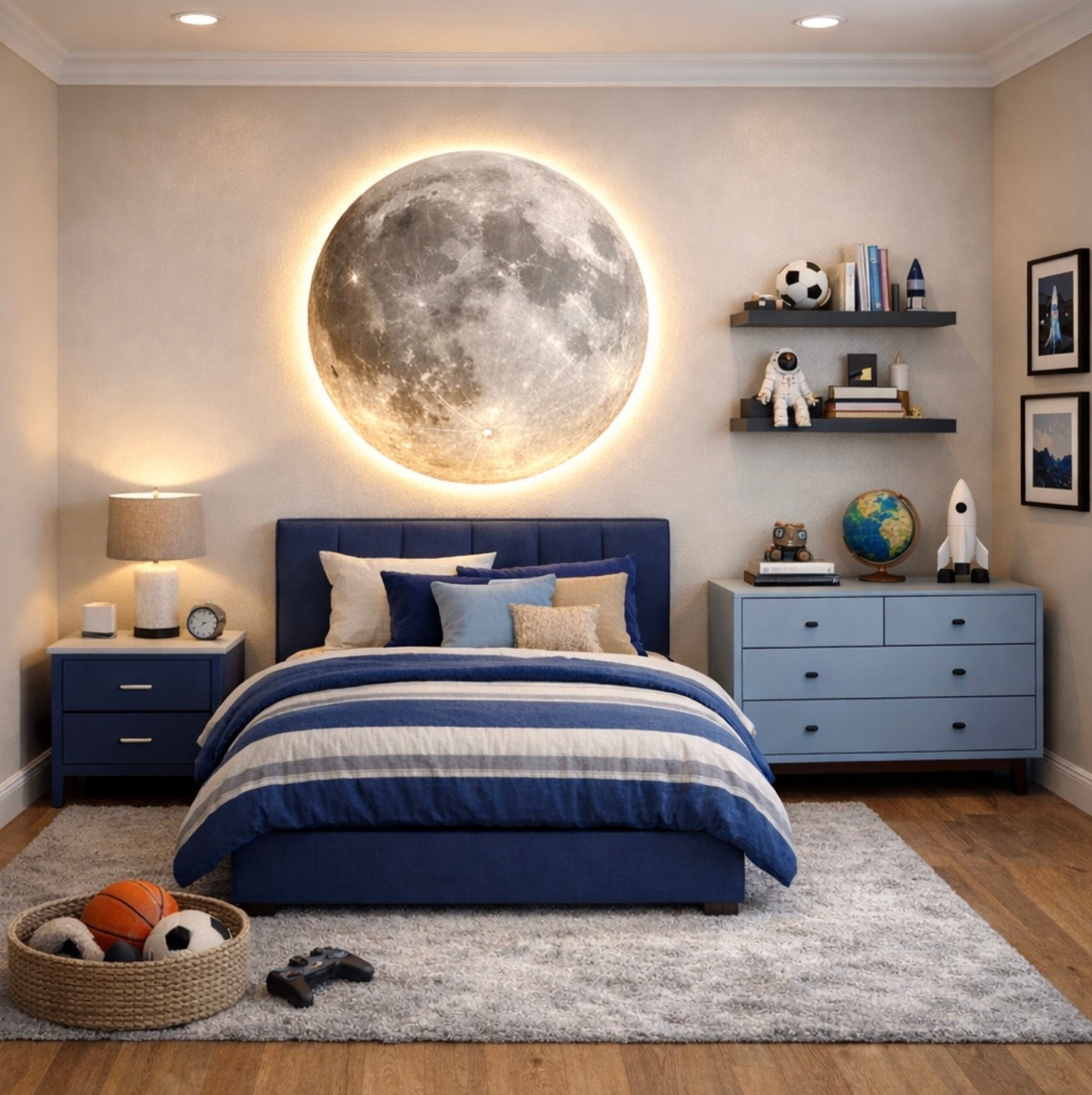 🌙 A bedroom made for sweet dreams & big imaginations!

This boy’s bedroom blends calming neutrals with layered blues, soft textures, and a glowing LED moon wall light that instantly becomes the focal point ✨

Clean lines, cozy bedding, and thoughtful storage make this space stylish and functional, a room that grows with him.

Think: modern • calming • timeless • space-inspired 🚀



#LTKHome #LTKSaleAlert #LTKKids