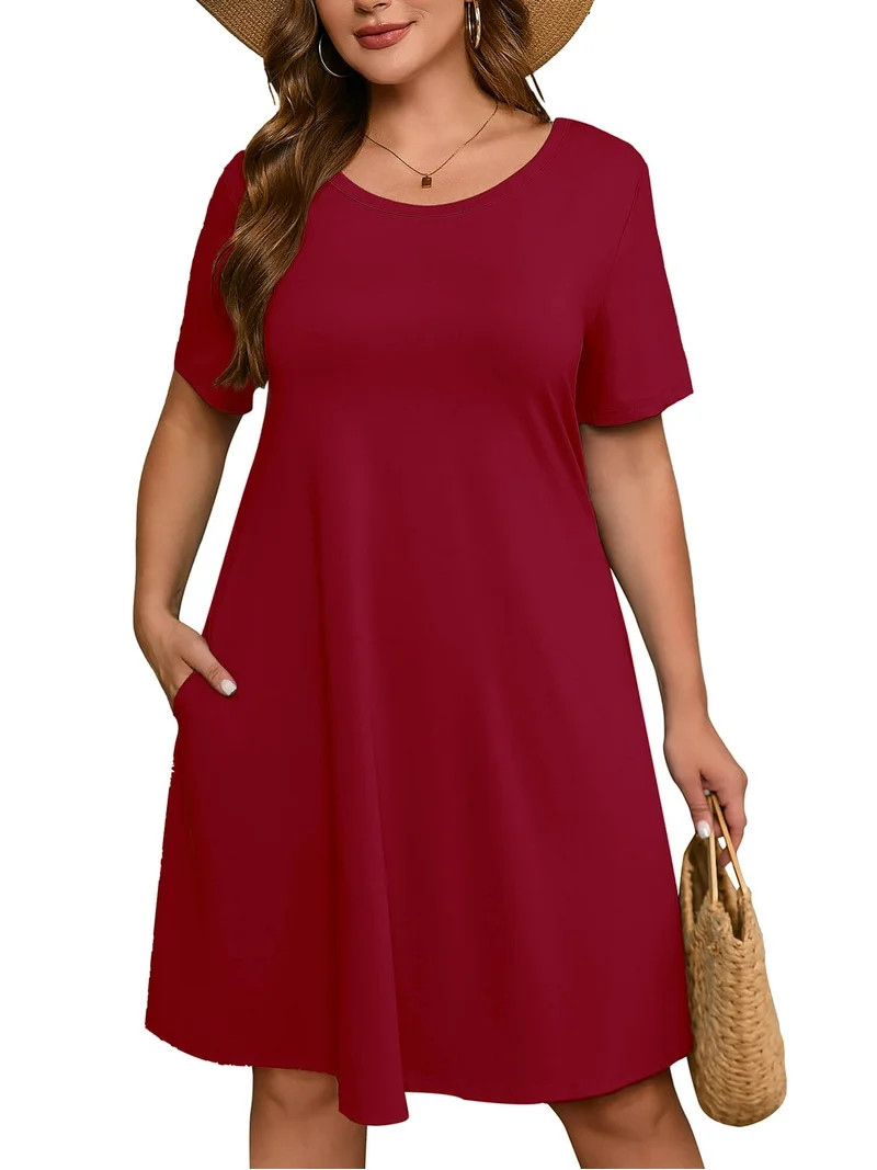 SHOWMALL Women's Plus Dresses Short Sleeves Casual T-Shirt Dresses with Pockets 3X Wine Red | Walmart (US)
