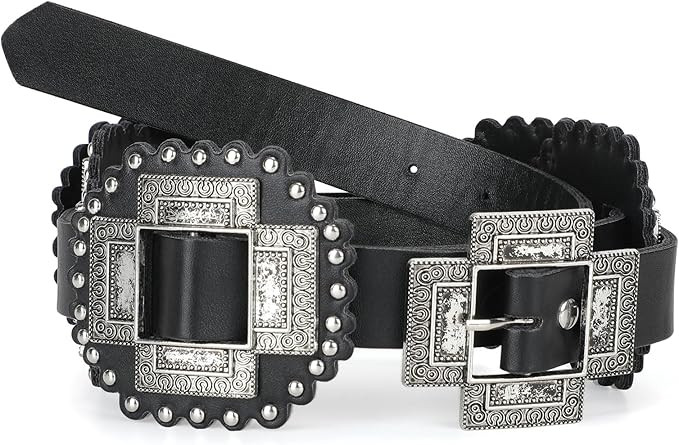 LEACOOLKEY Women Western Leather Belt Boho Cross Conch Waist Belt for Dress Jeans | Amazon (US)