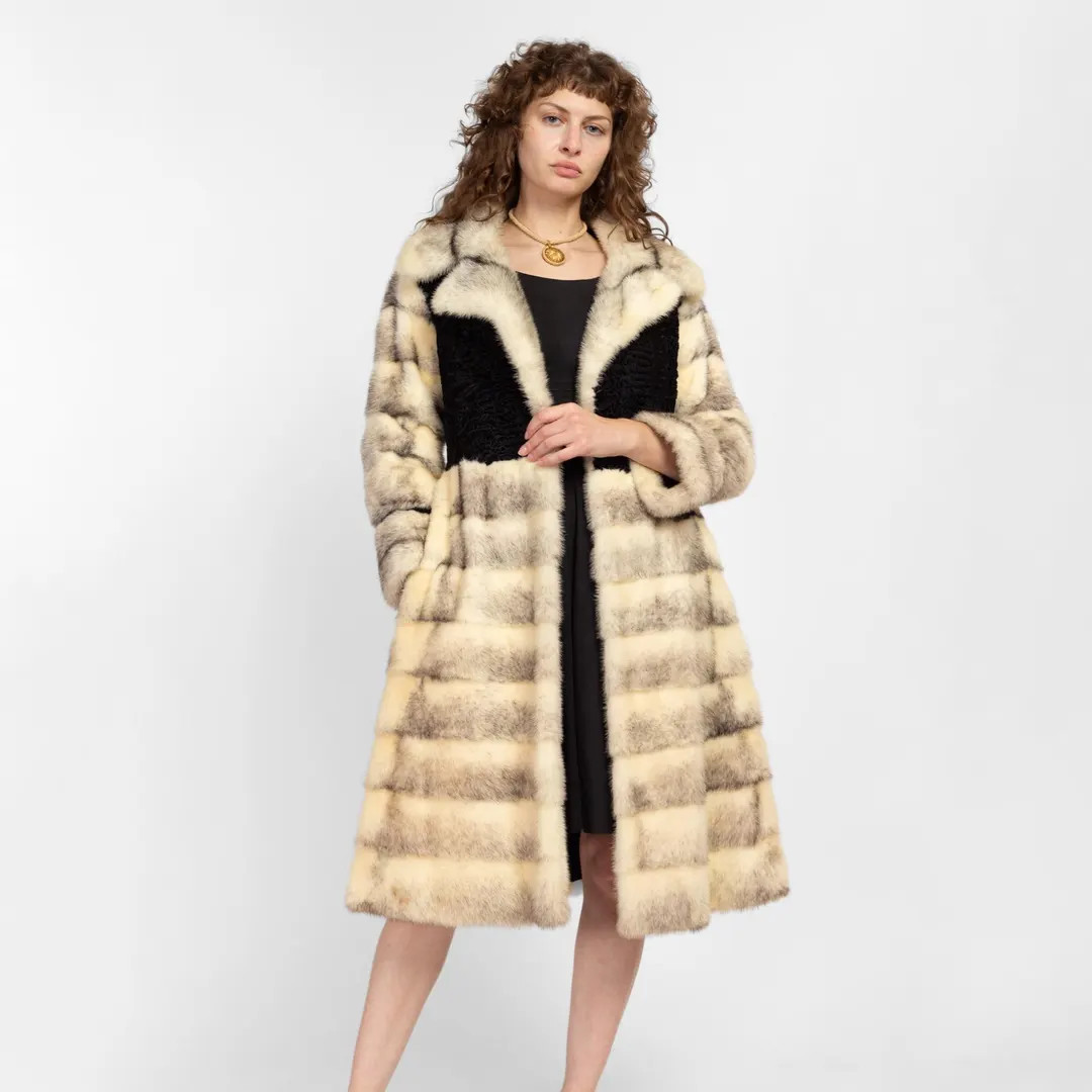 XS 60s 70s Galanos Designer Black & White Mink Fur Coat | Vintage Formal Persian Lamb Trim Prince... | Etsy (US)