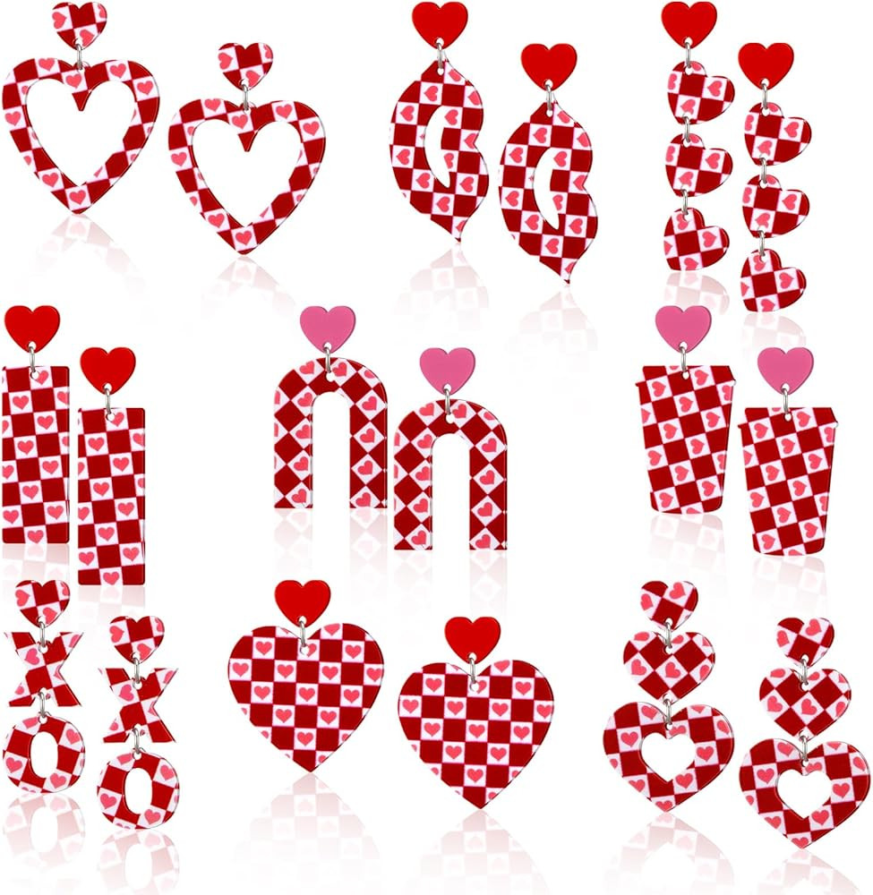 Tondiamo 9 Pairs Valentine Gift for Women Red Heart Earrings Bulk Pink Red Heart Plaid Acrylic Da... | Amazon (US)