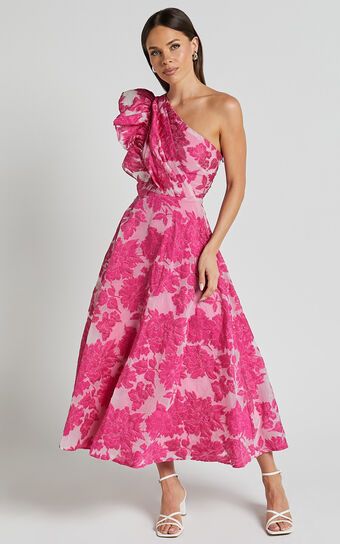 Alfreda Midi Dress - One Shoulder Ruffle Detail Brailey Jacquard Dress in Pink | Showpo (US, UK & Europe)