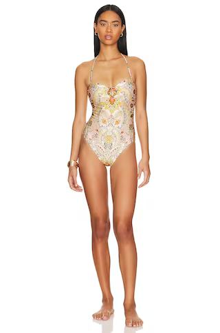 Zimmermann Laurel Bamboo Ring Bandeau One Piece in Mustard Baroque Floral from Revolve.com | Revolve Clothing (Global)