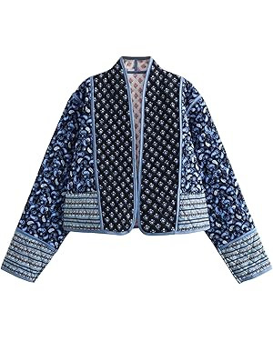 Wyeysyt Women's Cropped Puffer Quilted Jacket Cardigan Floral Printed Lightweight Long Sleeve Ope... | Amazon (US)