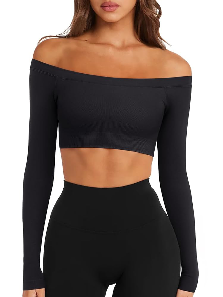 LASLULU Womens Off The Shoulder Tops Seamless Long Sleeve Workout Crop Top Sexy Gym Yoga Going Ou... | Amazon (US)