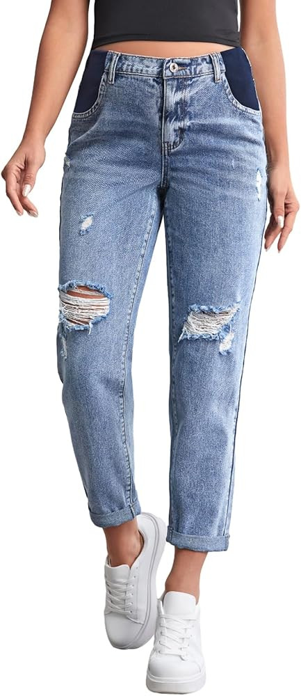 Women's Maternity Casual High Waist Zipper Ripped Jeans Pants Trousers Mom Fit Denim Pants | Amazon (US)