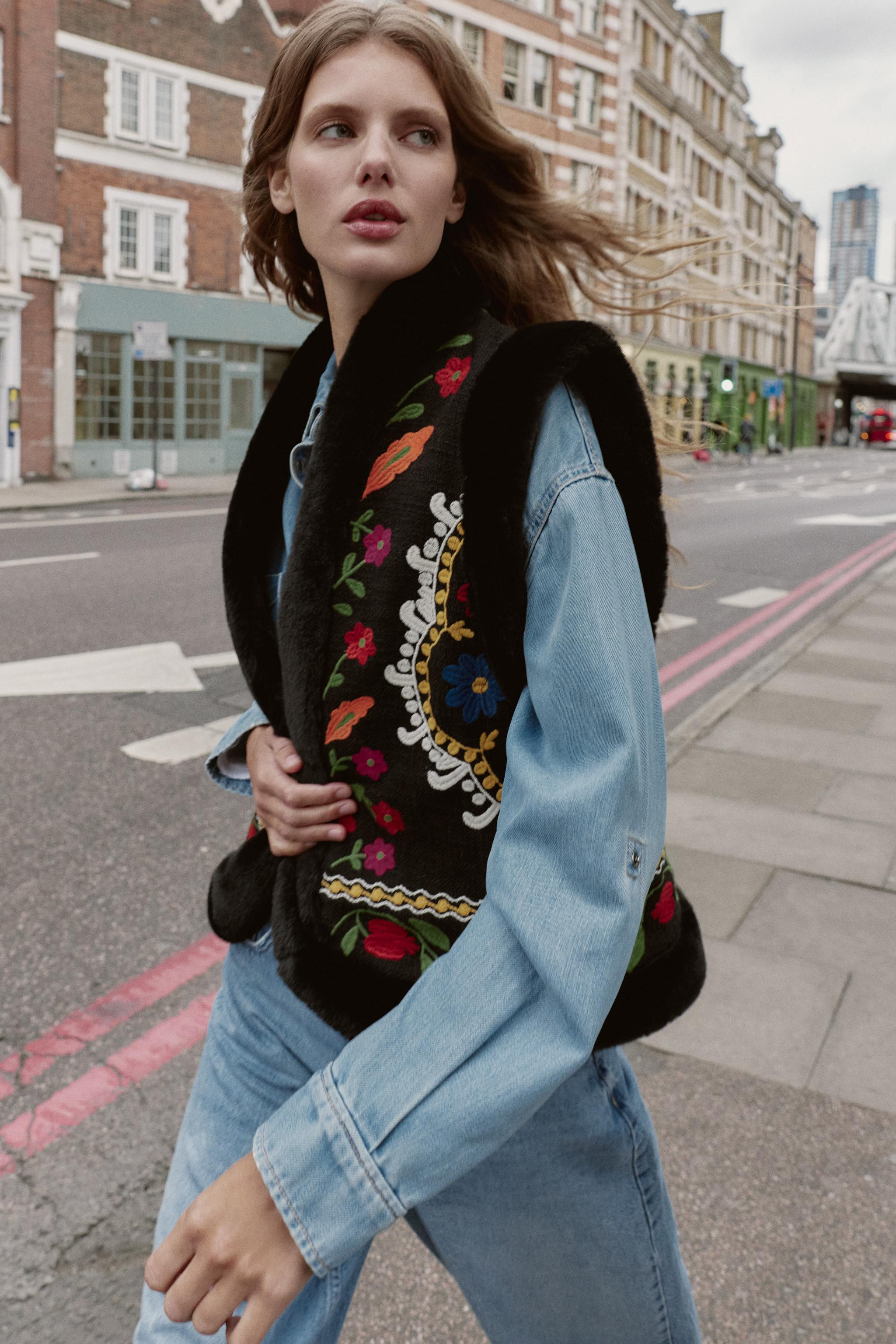 EMBROIDERED FAUX FUR GILET WITH CONTRASTING DETAILS | Zara UK
