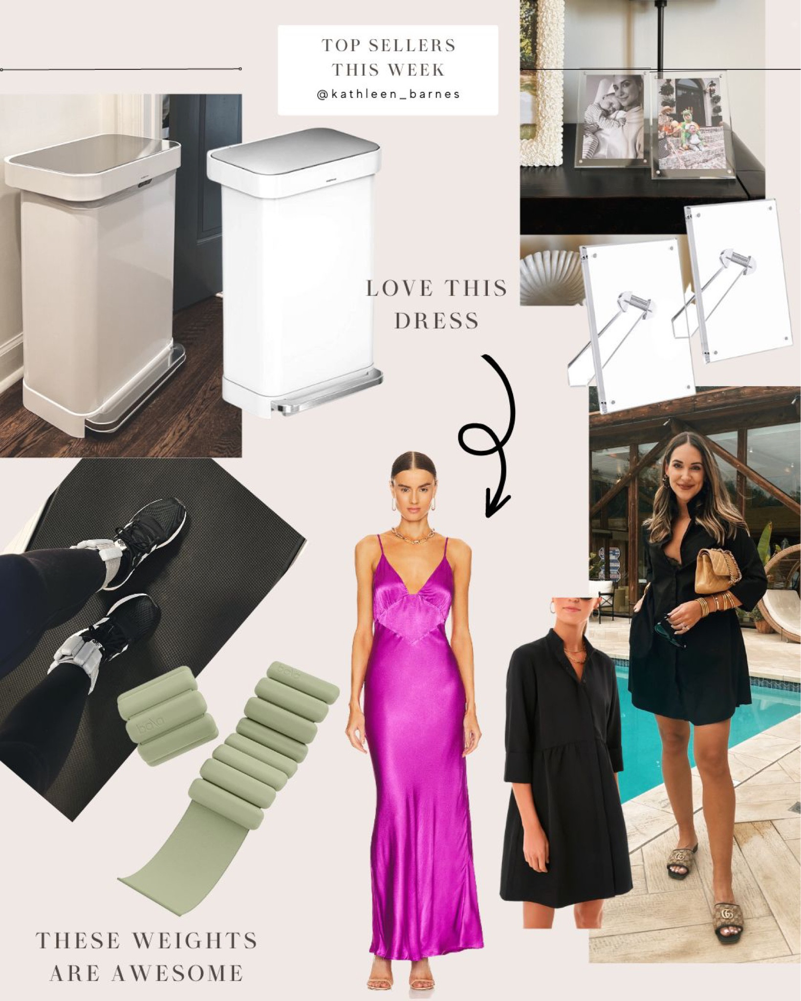 This week’s top sellers - a white trash can, acrylic photo frames, ankle weights, black shirt dress and a pink silk maxi dress -

#topsellers 