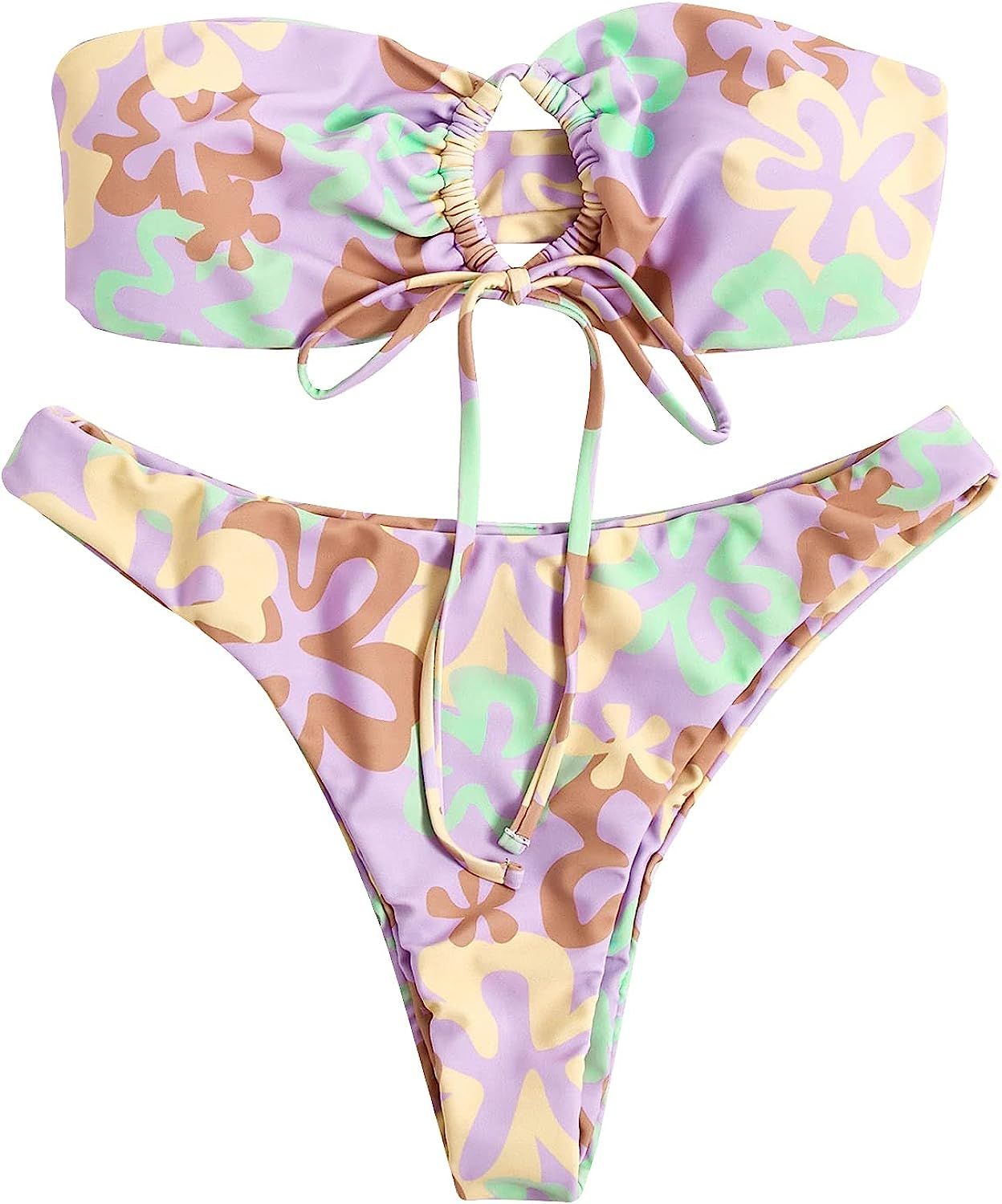 MakeMeChic Women's 2 Pieces Bandeau Swimsuits Tie Front High Cut Bikini Bathing Suit | Amazon (US)