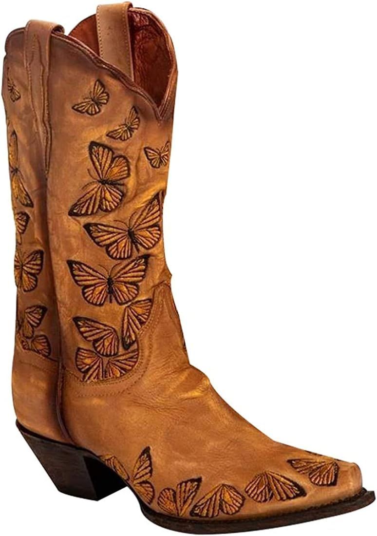 SO SIMPOK SO SIMPOK Women's Retro Western Cowboy Boots Butterflies Embroidered Mid Calf Chunky He... | Amazon (US)