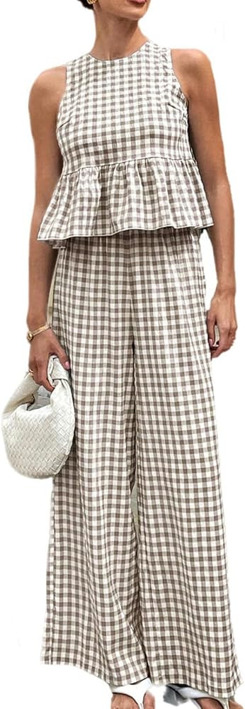 Womens 2 Piece Gingham Plaid Set Sleeveless Ruffle Tank Top Wide Leg Pants Summer Matching Lounge... | Amazon (US)