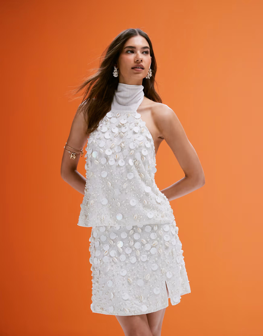 ASOS DESIGN linen blend halter top with faux shell and sequin embellishments in cream - part of a set-White | ASOS (Global)