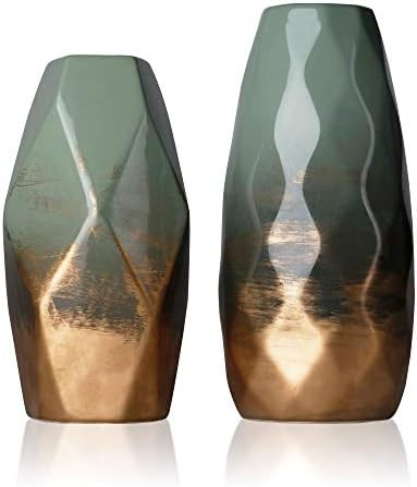 TERESA'S COLLECTIONS Modern Geometric Ceramic Vases Set of 2, Green and Gold Vase for Home Decor, De | Amazon (US)
