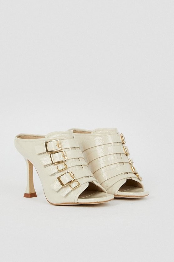 Leather Buckle Detail Heeled Mule | Karen Millen UK & IE