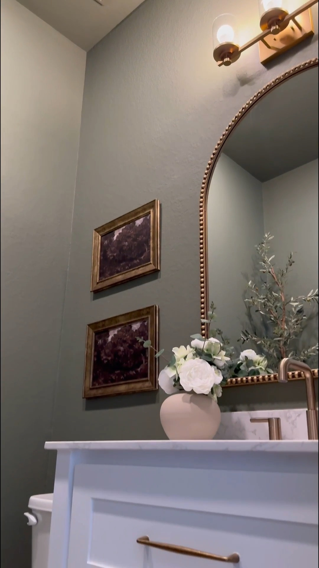 If you’re considering painting your powder room green, I’m telling you, THIS might be the perfect color for you … go for it! 

I used flat finish for the walls and painted the baseboards in satin finish… 

I’ll be honest, I was apprehensive at first … I even paintings the ceiling 😬 believe it our not, it made the room feel larger! 

I chose brass finishes bc I really wanted the space to have a vintage feel… well, modern vintage…??? If that’s a thing 😆.. 

The mirror is 30x40 inches… 

I added a new light fixture and it now faces upwards … which made that wall feel taller 

I wasn’t in love with this builder grade vanity tbh😆, matter-fact, I wanted to change it… it wasn’t functional …but now i wanna keep it lol 😂… I added brass hardware, these cute baskets from Walmart, led light strips on the bottom and now it’s a whole new unit….. you can even add battery powered/rechargeable/plug in led light strips .. whatever fits your lifestyle 

Ok let’s talk about this stunning planter!!! …. You know I love me an olive tree 😆… and I wanted something tell and slim… this planter was the perfect for plus it added to the moodiness 🥰

I am in love with this space… I wanted to create a vintage-cottagy feel in this powder room, while the rest of the home feels modern. 

#LTKVideo
#LTKHome #LTKStyleTip