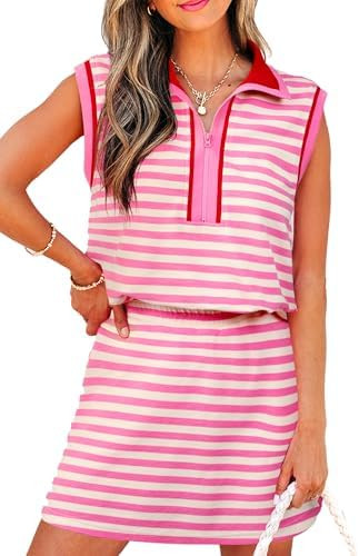 KevaMolly Women Contrast Stripe Zip Collar 2 Piece Summer Set | Textured Sleeveless Tank, Matchin... | Amazon (US)