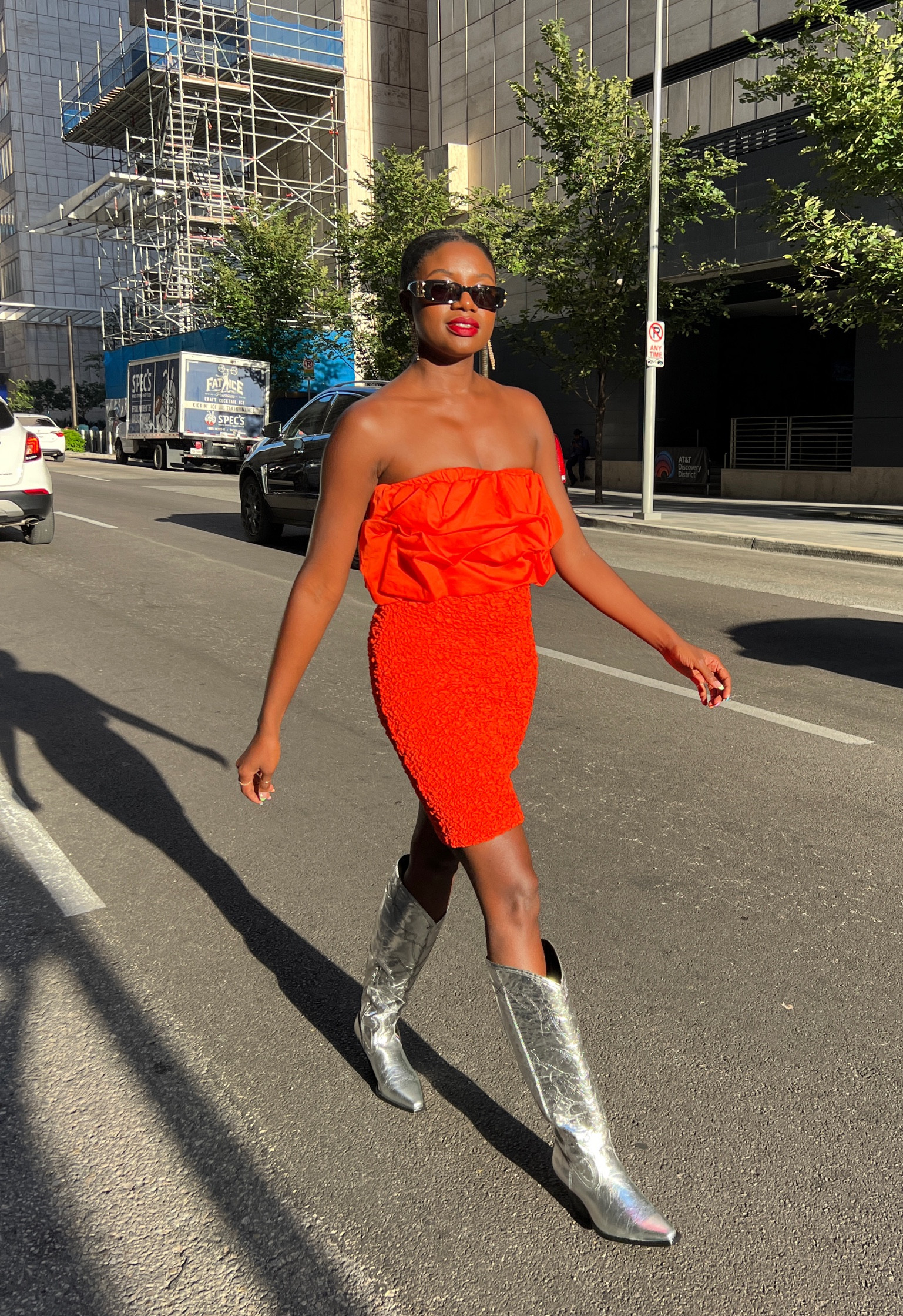Red Mara Hoffman smocked dress, silver metallic Vince camuto boots, and black Balenciaga sunglasses  

#LTKSeasonal #LTKshoecrush #LTKCon