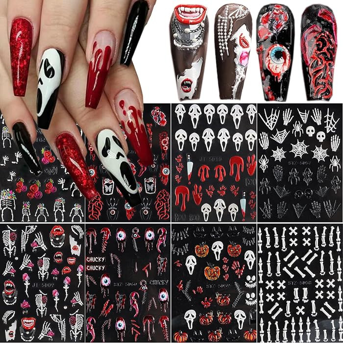 8Sheets Halloween Nail Stickers for Nail Art 5D Embossed Skull Ghost Nail Decals Self-Adhesive Pu... | Amazon (US)