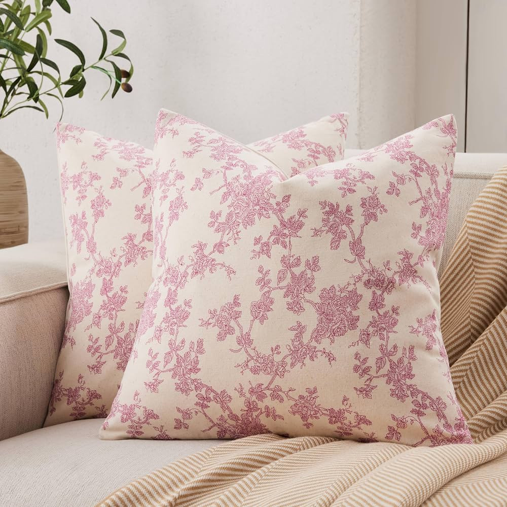 100% Cotton French Pastoral Throw Pillow Covers Set of 2, 18x18 Inch Pink Farmhouse Decorative Cu... | Amazon (US)