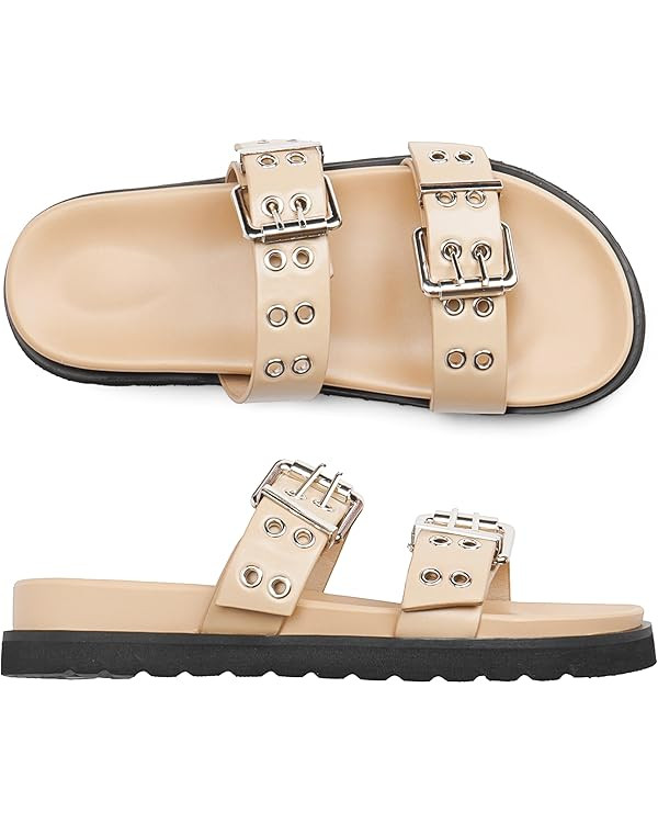 Modatope Womens Flat Sandals for Women Double Buckle Adjustable Slide Sandals Slip On Open Toe Pl... | Amazon (US)