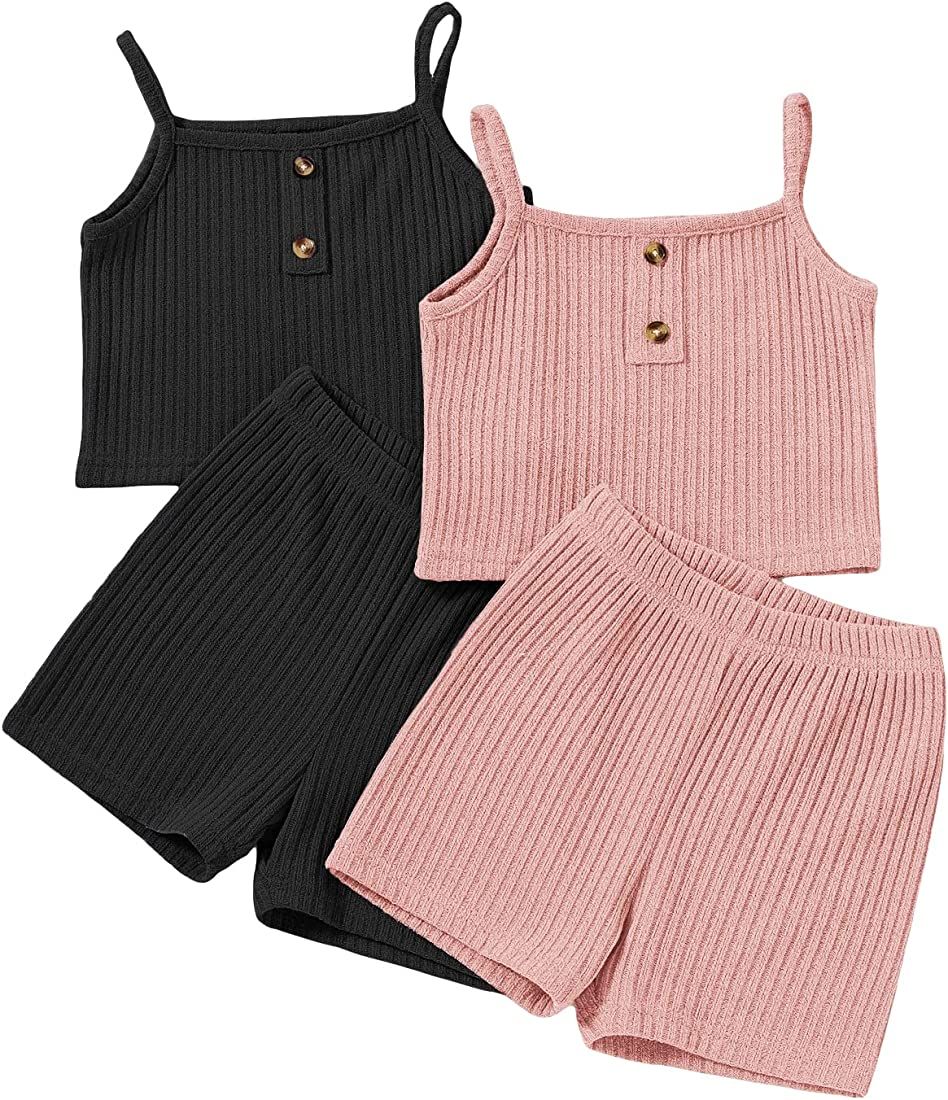 SOLY HUX Toddler Girl's Ribbed Knit Button Front Cami Crop Tops and Track Shorts 2 Sets Summer Ou... | Amazon (US)