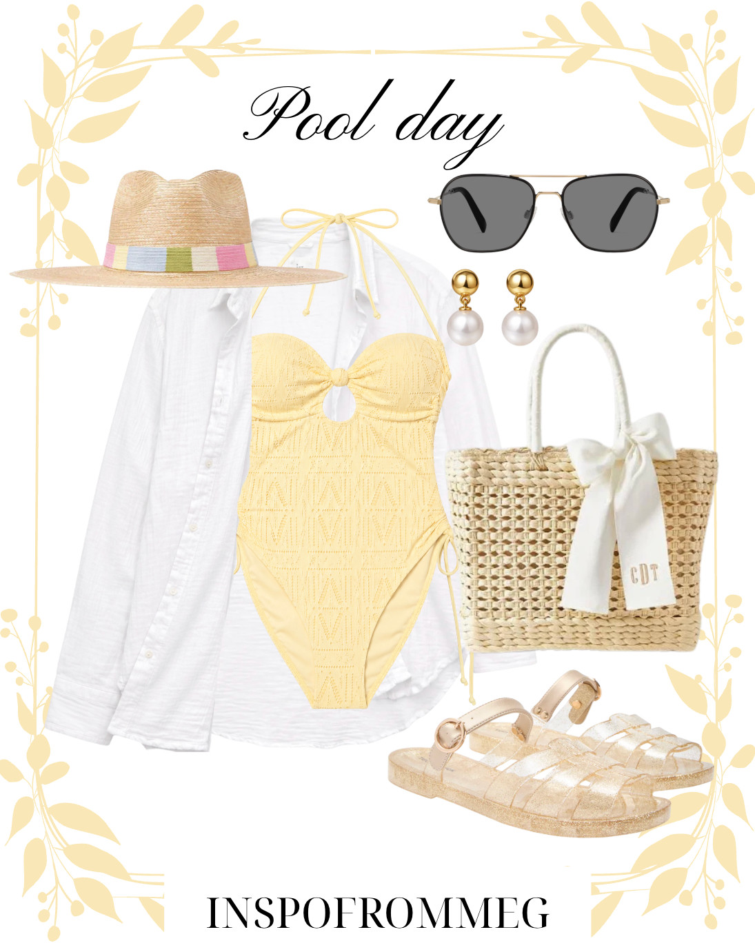pool day outfit, summer outfit inspo, beach outfit, vacation outfit, resort wear, yellow swimsuit, one piece swimsuit, feminine swimwear, preppy summer style, coastal grandma outfit, clean girl aesthetic, chic summer outfit, girly summer style, white coverup, linen button down, straw tote bag, woven bag, personalized tote, beach bag essentials, straw hat outfit, wide brim hat, colorful hat band, summer accessories, pearl earrings, gold jewelry, sunglasses outfit, jelly sandals, gold sandals, neutral sandals, poolside style, beach day essentials, summer packing list, vacation wardrobe, bright summer outfit, target style, amazon finds, affordable fashion, LTK style 

 

#LTKSeasonal #LTKSwim #LTKootd