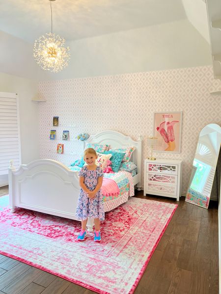 Girls room. Little girls room. Big girls room. Pink and blue room. Area rug. Bedroom. White bed  

#LTKkids #LTKstyletip #LTKhome