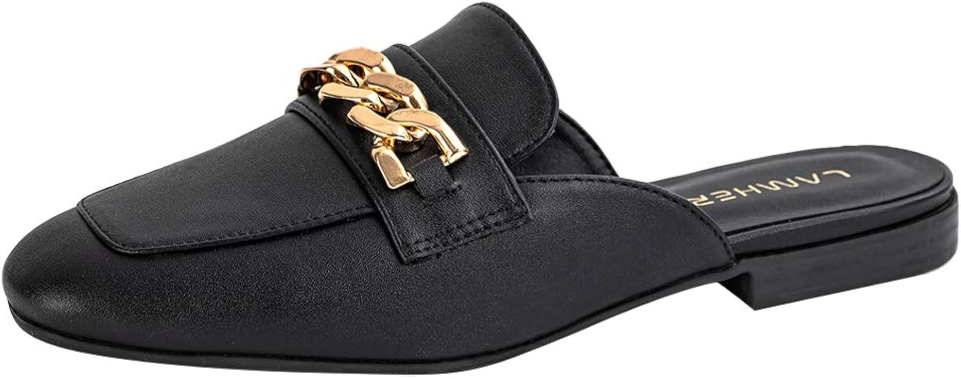 LAMHER Women's Chain Mules Flats Closed Toe Backless Slip On Slippers Casual Daily Loafers Shoes | Amazon (US)