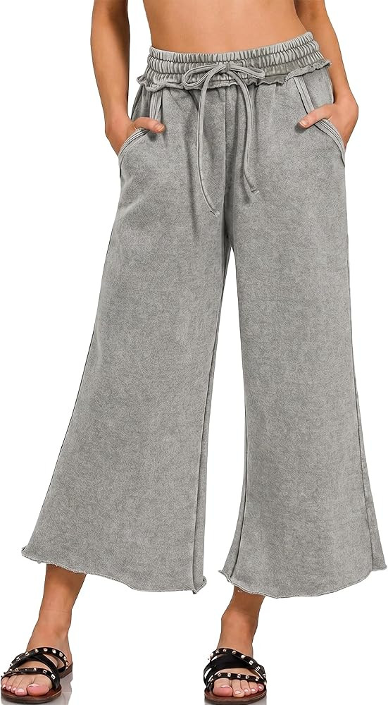 Ainangua Womens Casual Wide Leg Pants High Waist Drawstring Crop Acid Wash Sweatpants Lounge Pala... | Amazon (US)