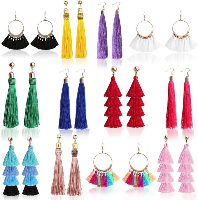 Outee 12 Pairs Tassel Earrings for Women Fashion Bohemian Earrings Colorful Layered Long Thread B... | Amazon (US)