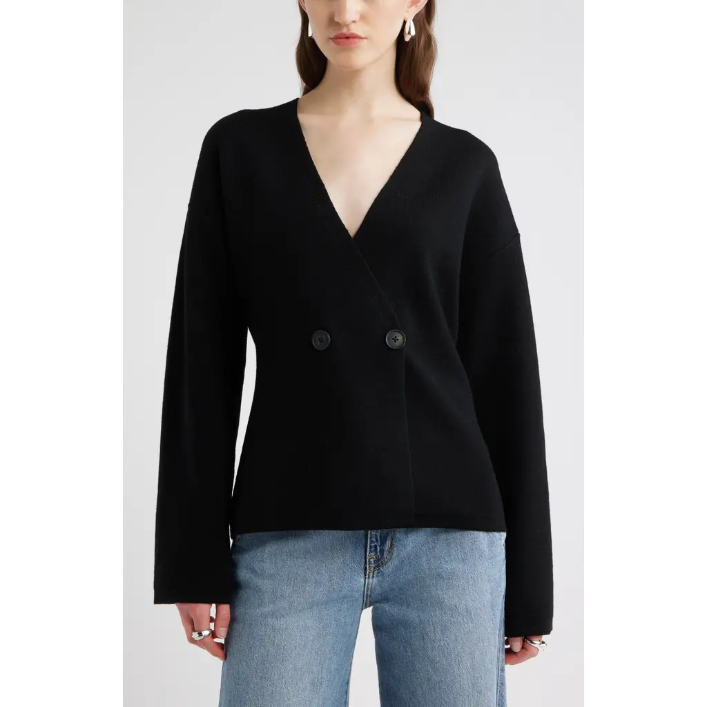 Nordstrom Double Breasted Merino Wool Blend Cardigan in Black at Nordstrom, Size Large | Nordstrom