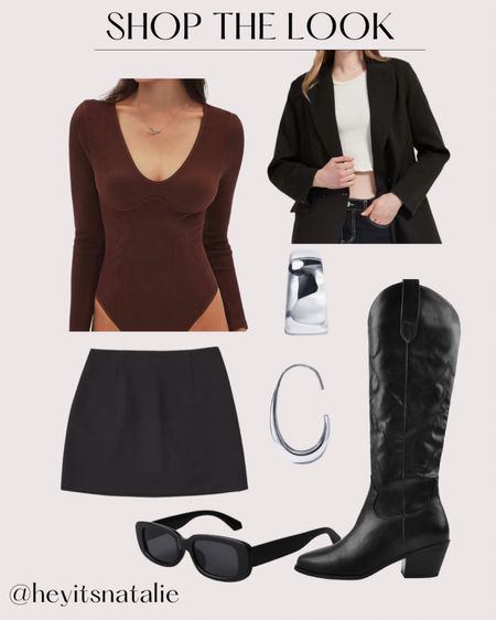 Fall outfit inspo Oversized blazer, tts wearing a small Western cowboy boots, tts, super comfortable 90s rectangle sunglasses Elevated basic ribbed bodysuit, tts, wearing small

#LTKover40 #LTKxPrime #LTKstyletip
