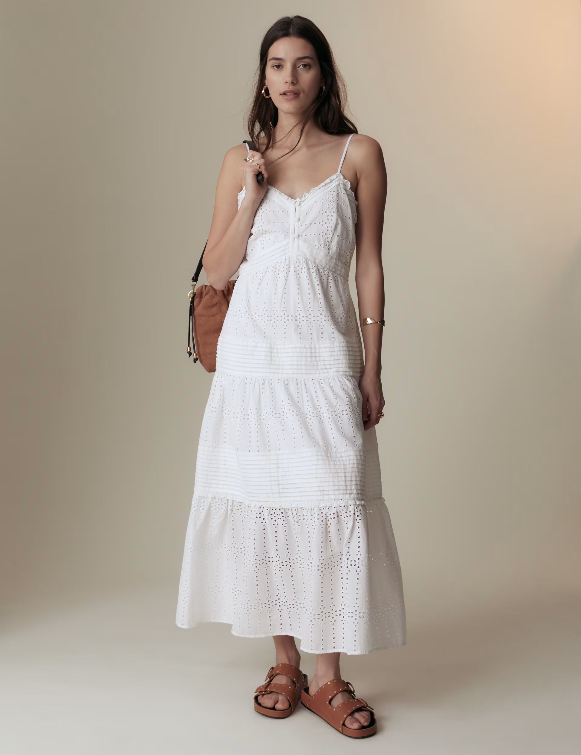 Pure Cotton Broderie Strappy Midaxi Tiered Dress | Marks & Spencer (UK)