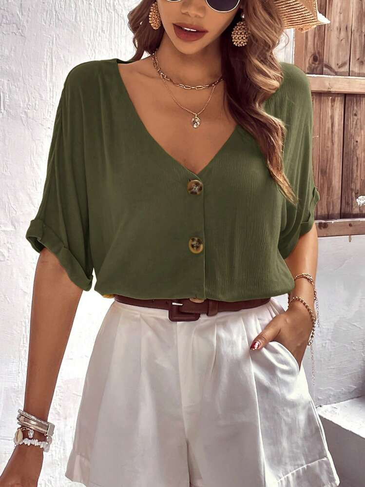 Easowa Women's Summer Solid Color V-Neck Batwing Short Sleeve Button Loose Shirt | SHEIN