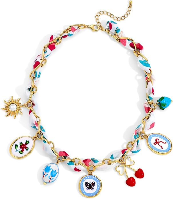 Y2K Boho Charm Necklace, Colorful Scarf Chain Statement Necklace with Vintage Charms (Shell, Fish... | Amazon (US)