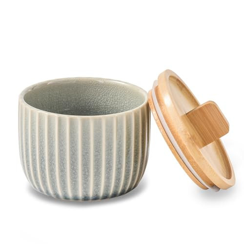 Salt Cellar Keeper with Bamboo Lid, 14oz Big Capacity Ceramic Sugar Bowls Pepper Box, Crackle Glaze Seasoning Container Condiment Pot for Kitchen (Grey Color) | Amazon (US)