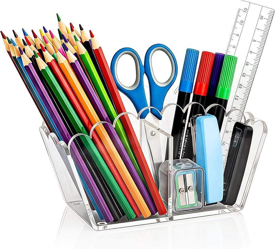 Novacrylion Clear Acrylic Pen Holder 2-Compartment Scalloped Desk Caddy for Office, Vanity or Bat... | Amazon (US)