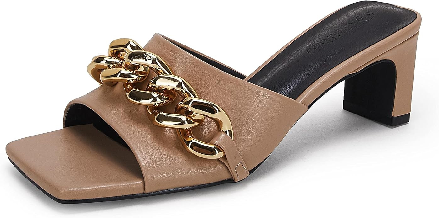 Womens Square Open Toe Heeled Sandals Low Block Heel Gold Chain Backless Slip On Slide Mule Shoes | Amazon (US)