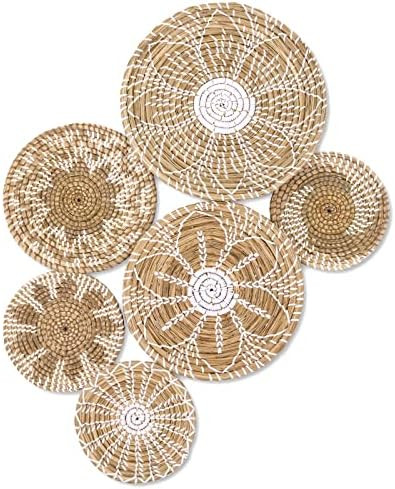 Boho Wall Basket Decor Set of 6 - Hanging Woven Basket Wall Decor, Handcrafted Round Flat Seagras... | Amazon (US)