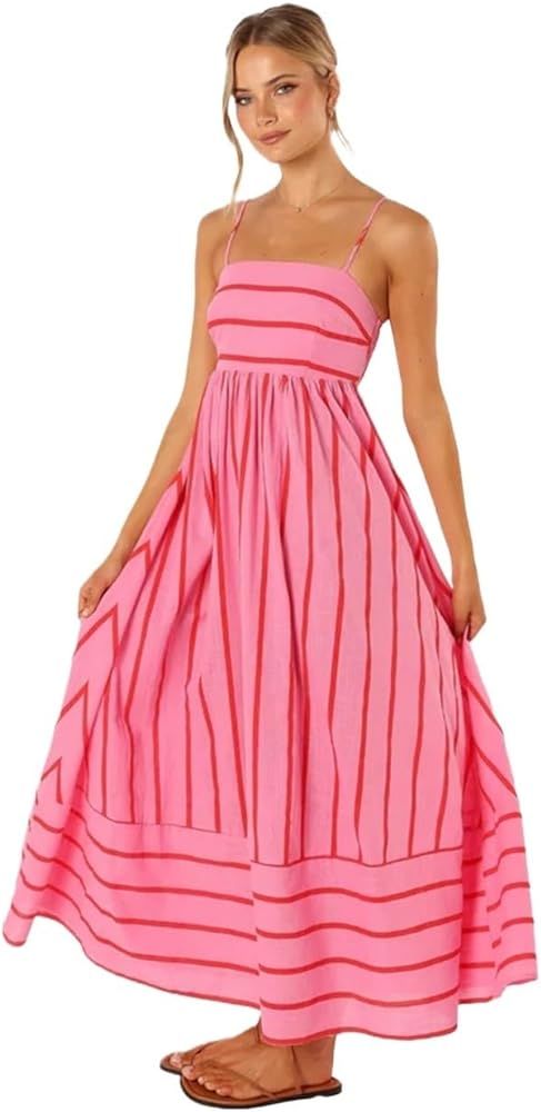 2024 Summer Dresses Striped Sleeveless Suspender Backless Large Swing Casual Dress | Amazon (US)