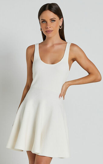 Addison Mini Dress - Recycled Polyester Knitted Scoop Neck Dress in Ivory | Showpo (ANZ)